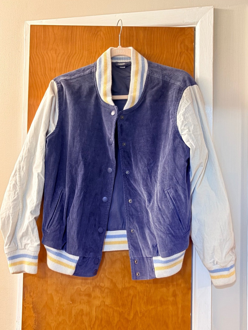 aerie Navy and White Varsity Jacket with Yellow Trim
